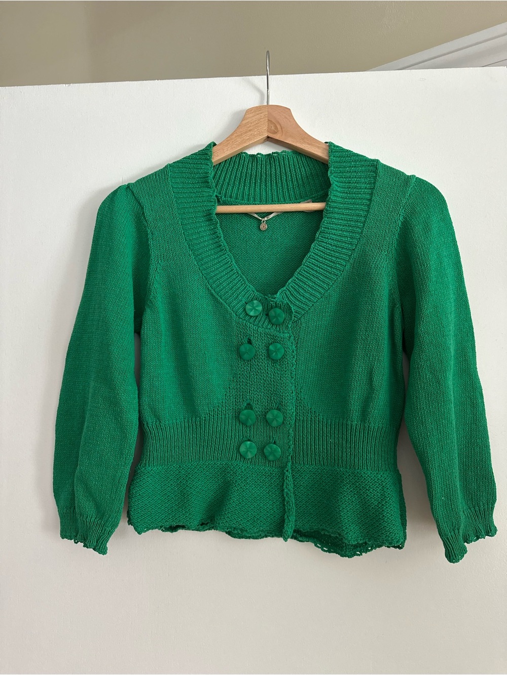 Women's Emerald Green Double-Button V-Neck Cardigan Sweater